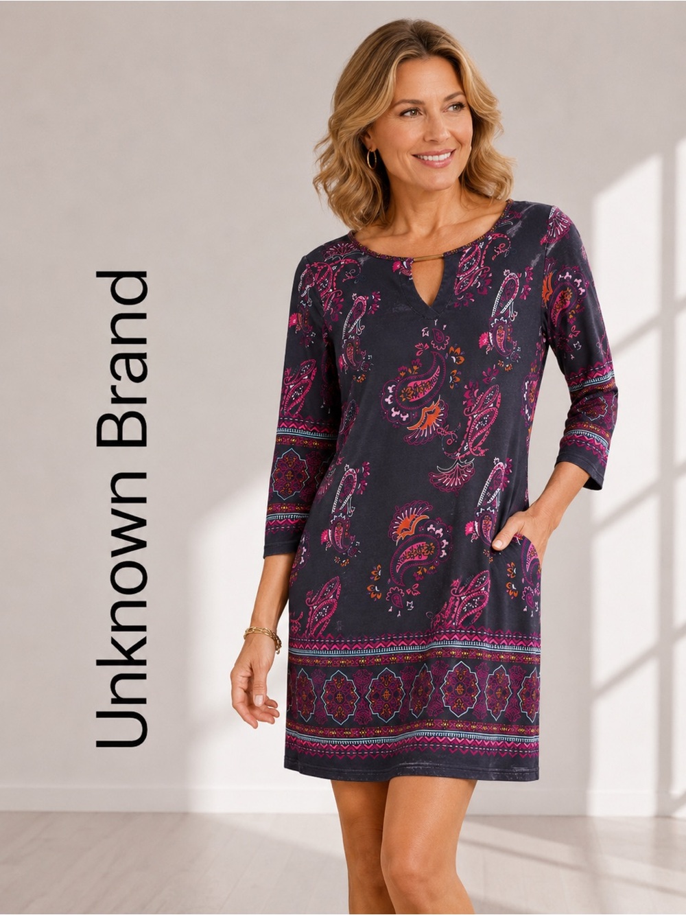•Unknown Brand Paisley Print Sheath Dress Black Pink Women’s | Medium